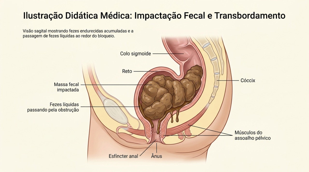 Fezes líquidas podem passar ao redor de fezes endurecidas e provocar escapes involuntários.