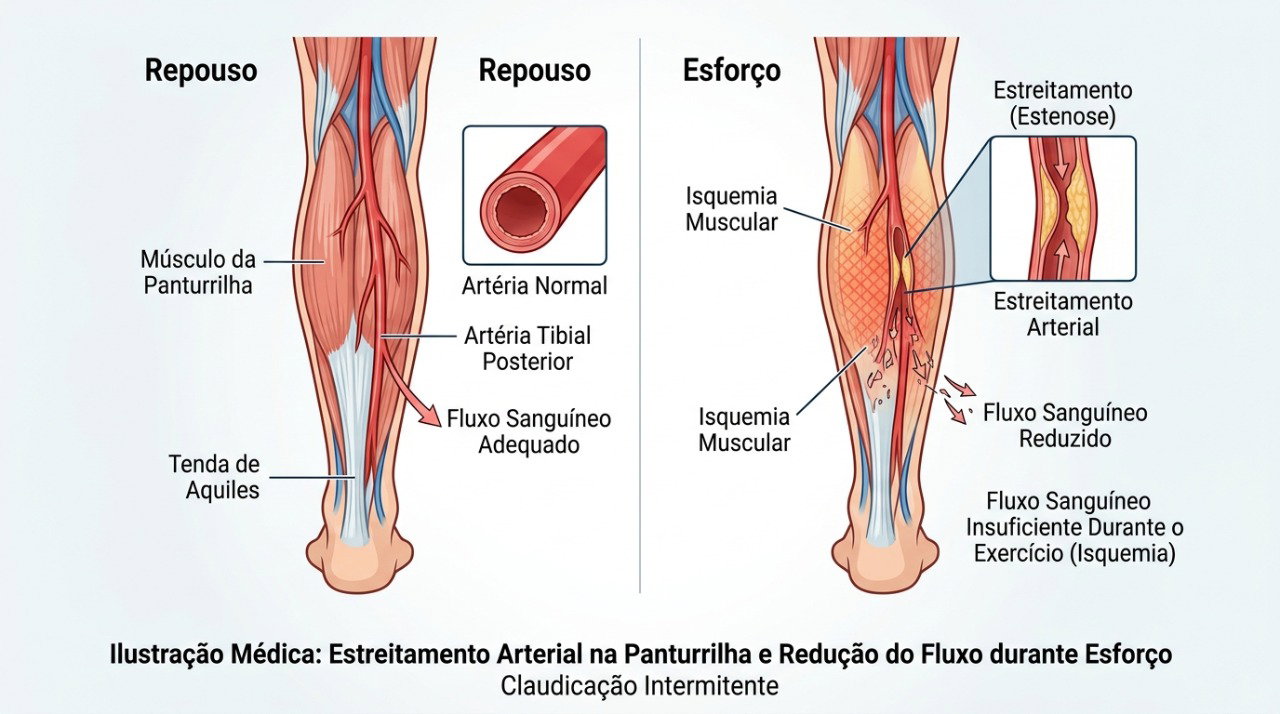 Fluxo sanguíneo reduzido na perna pode causar dor na panturrilha durante a caminhada.