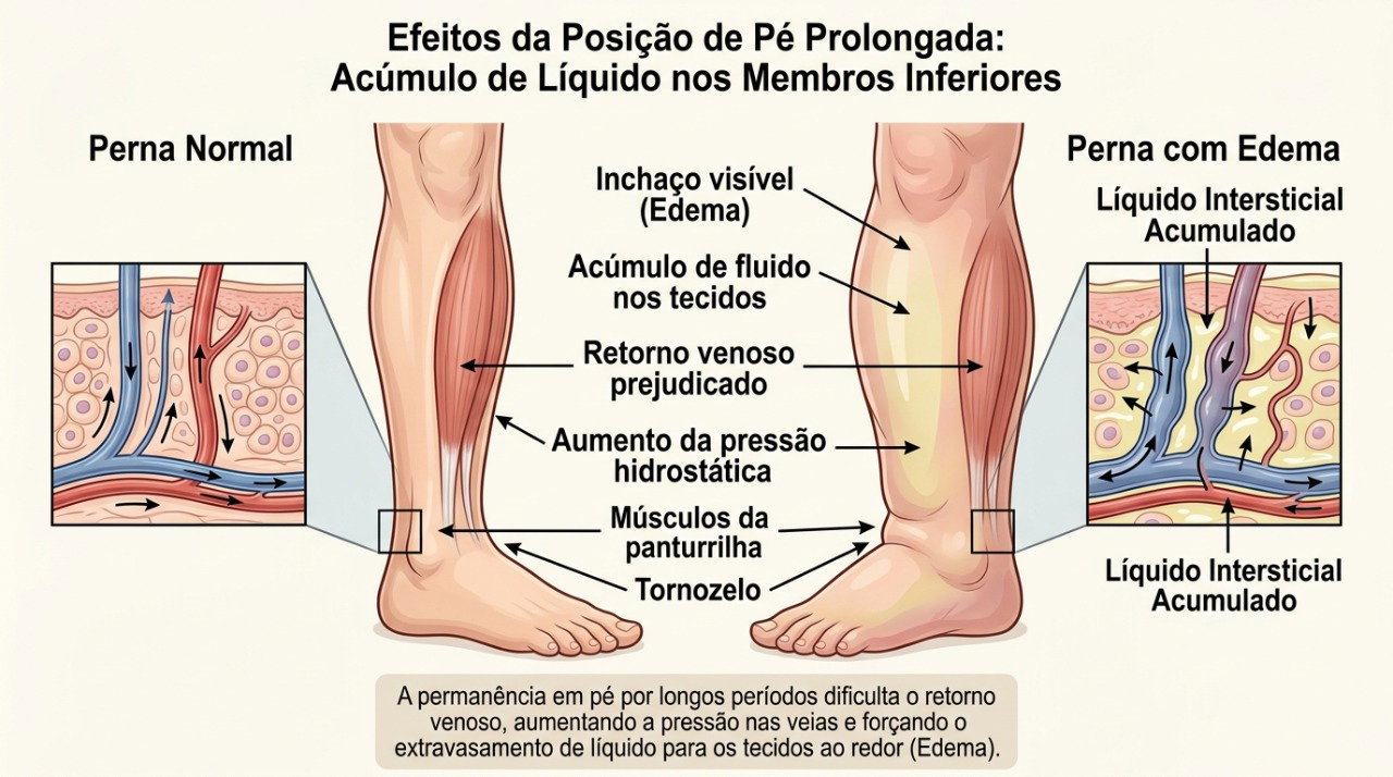O acúmulo de líquido nas pernas pode aumentar depois de muitas horas na mesma posição.
