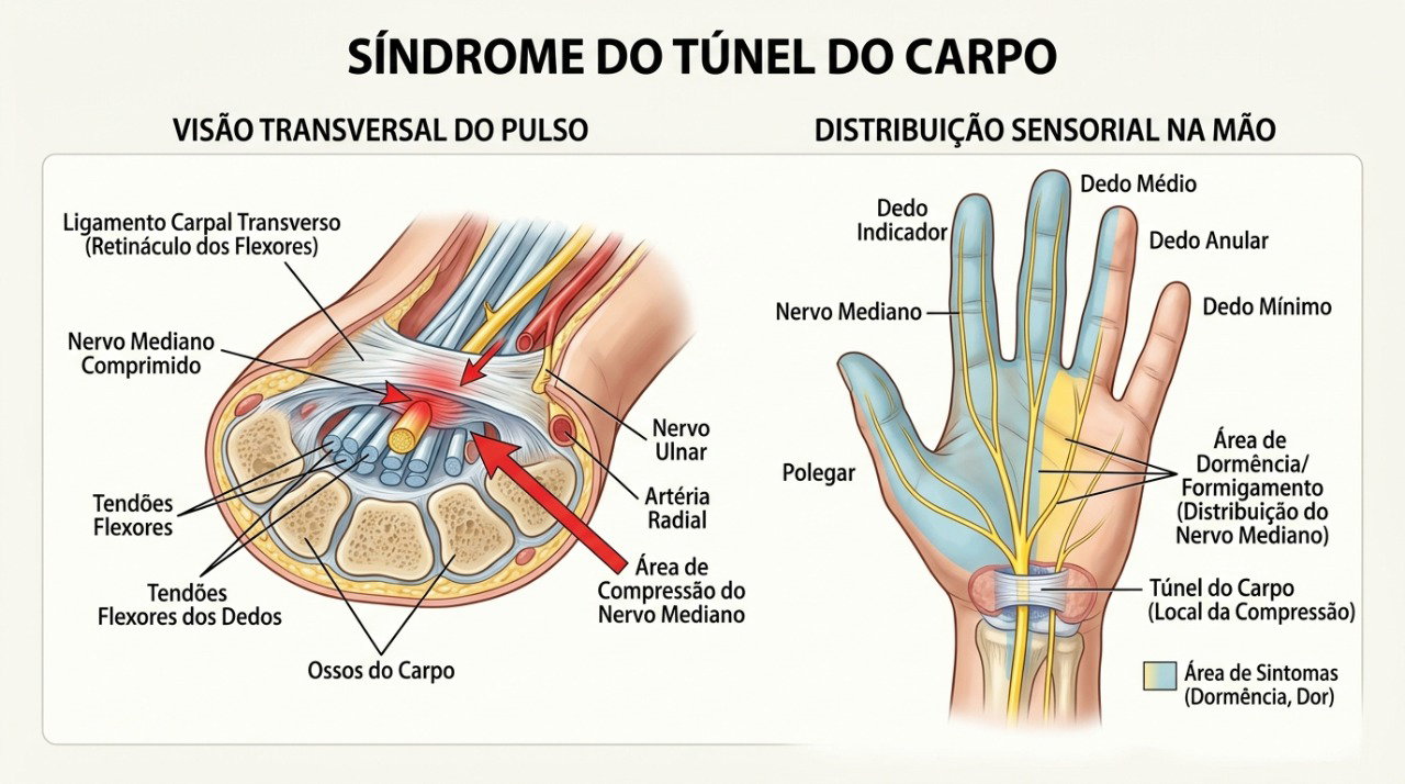 No túnel do carpo, o nervo mediano comprimido pode causar formigamento em dedos específicos da mão.