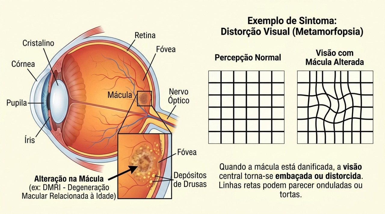 Alterações na mácula podem distorcer a visão central e fazer linhas retas parecerem onduladas.