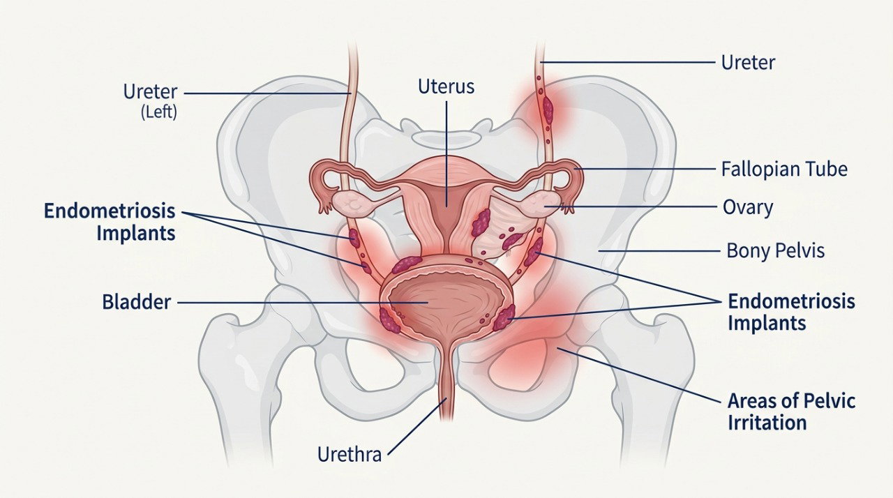 A endometriose próxima à bexiga pode contribuir para dor urinária que piora durante a menstruação.