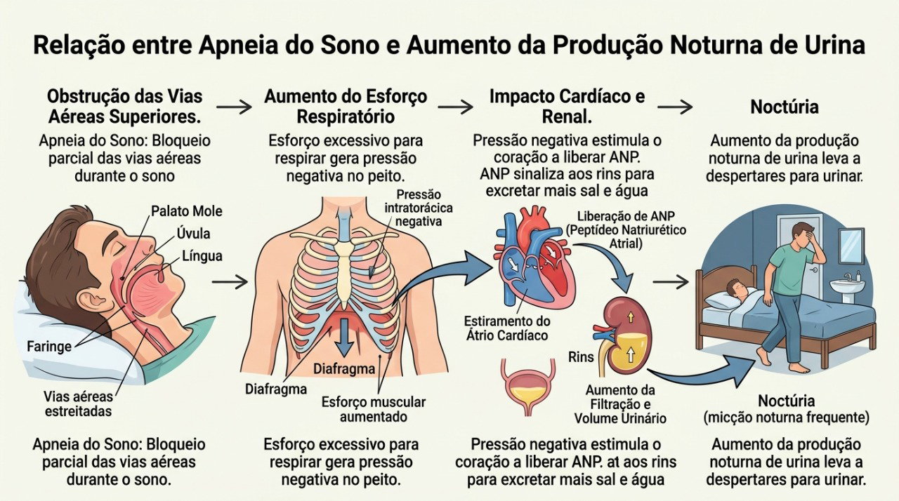 A apneia do sono pode contribuir para despertares noturnos e aumento das idas ao banheiro.