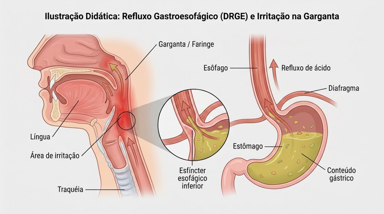 O refluxo pode irritar o esôfago e a garganta, favorecendo tosse, pigarro e rouquidão.
