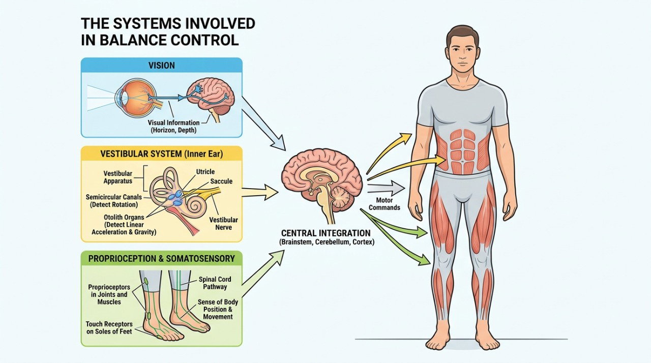 O equilíbrio depende da integração entre visão, ouvido interno e sensibilidade do corpo.