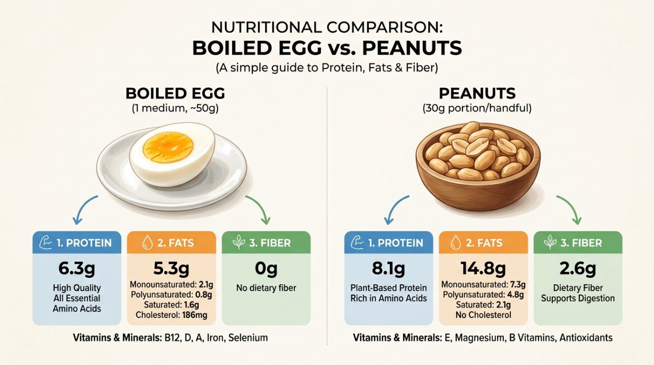 Comparar ovo e amendoim exige considerar a porção, as calorias e os demais nutrientes.