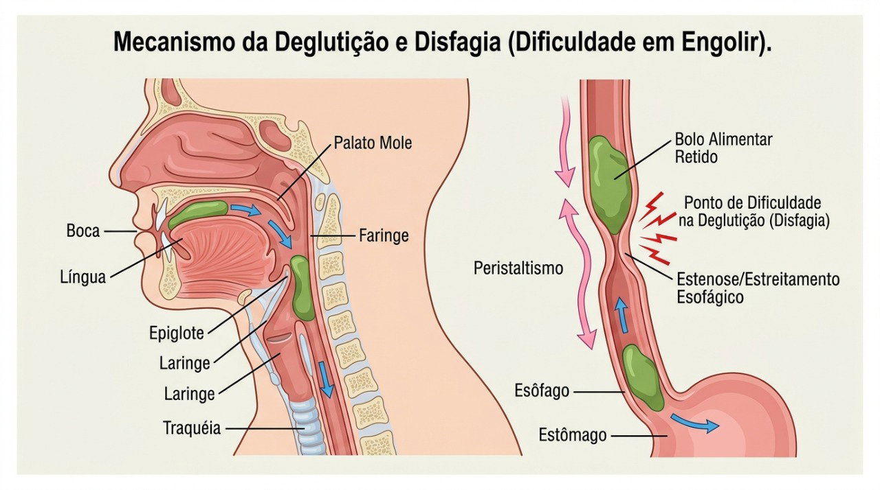 A disfagia pode dificultar a passagem de alimentos e líquidos e provocar tosse durante a deglutição.