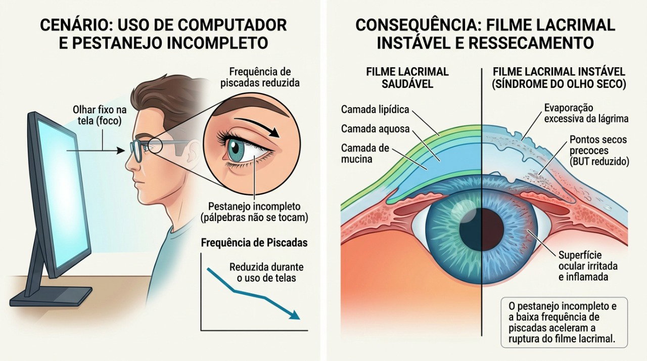 Piscar menos durante o uso de telas pode aumentar a evaporação da lágrima e causar olho seco.