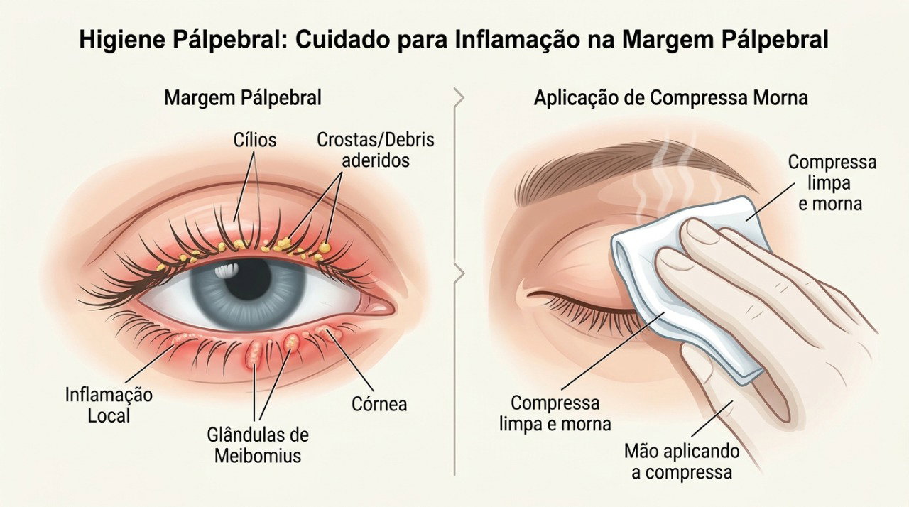 A blefarite pode causar crostas nos cílios, vermelhidão e irritação nas pálpebras.