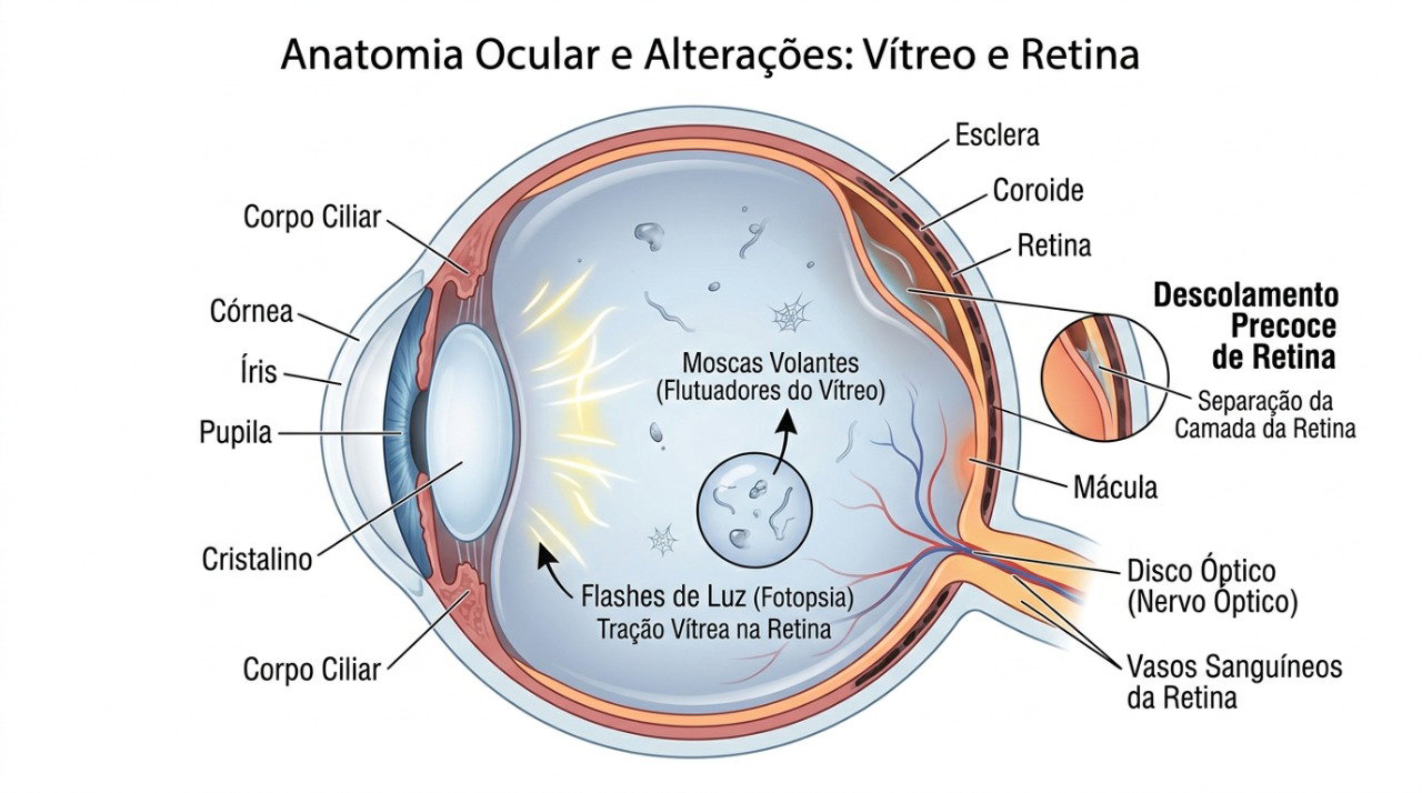 A combinação de moscas volantes novas, flashes e sombra na visão pode indicar problema na retina.