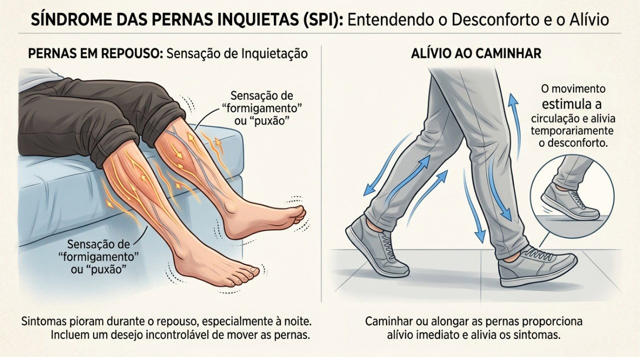 A síndrome das pernas inquietas costuma causar desconforto no repouso e melhora temporária com movimento.