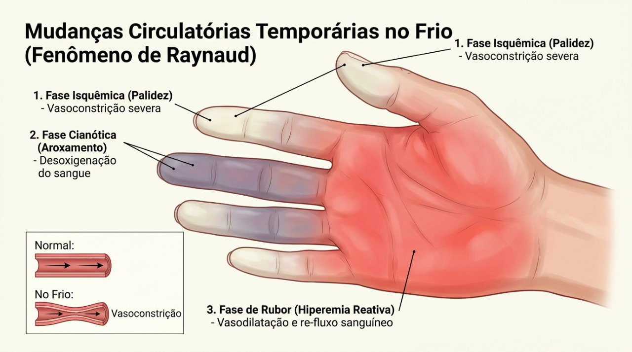 No fenômeno de Raynaud, os dedos podem mudar de cor durante crises desencadeadas pelo frio.