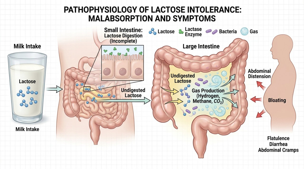 Na intolerância à lactose, a digestão incompleta pode causar gases, cólicas e diarreia após o consumo de leite.