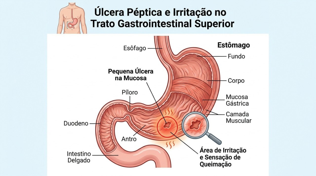 A úlcera péptica pode causar ardência no estômago, principalmente entre as refeições ou durante a noite.