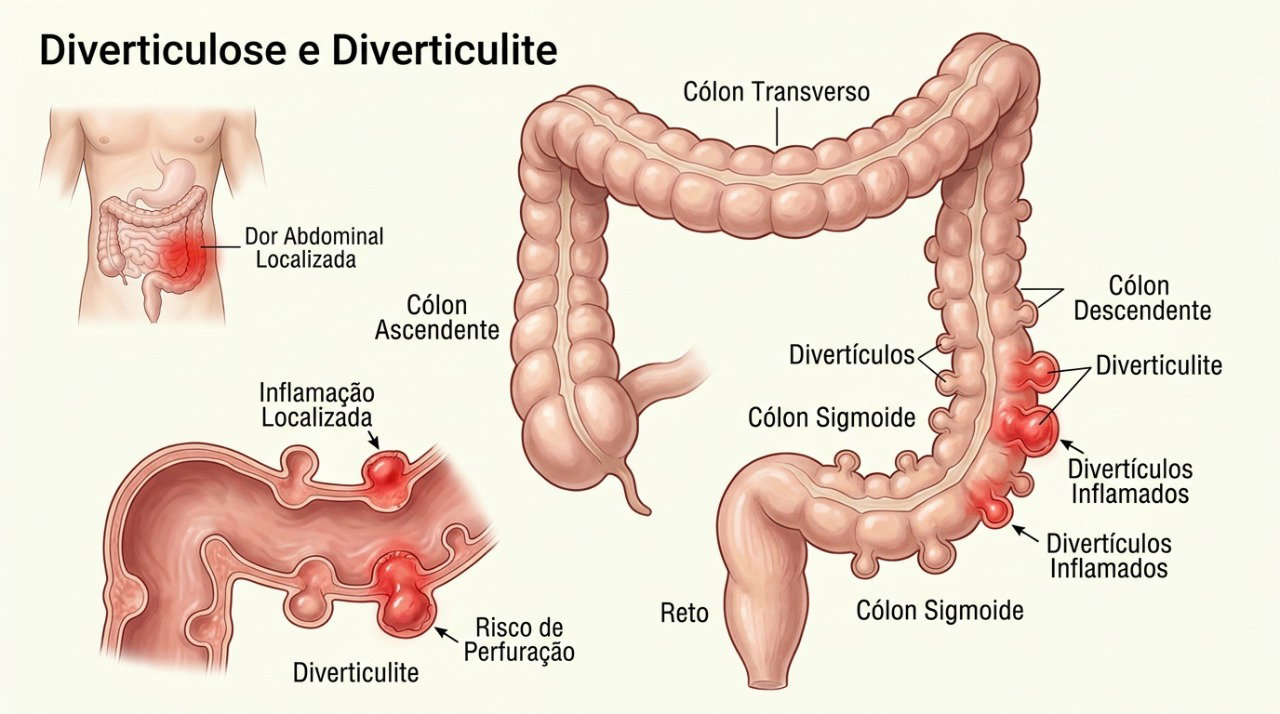 A diverticulite pode causar dor abdominal localizada, febre e alterações no funcionamento do intestino.