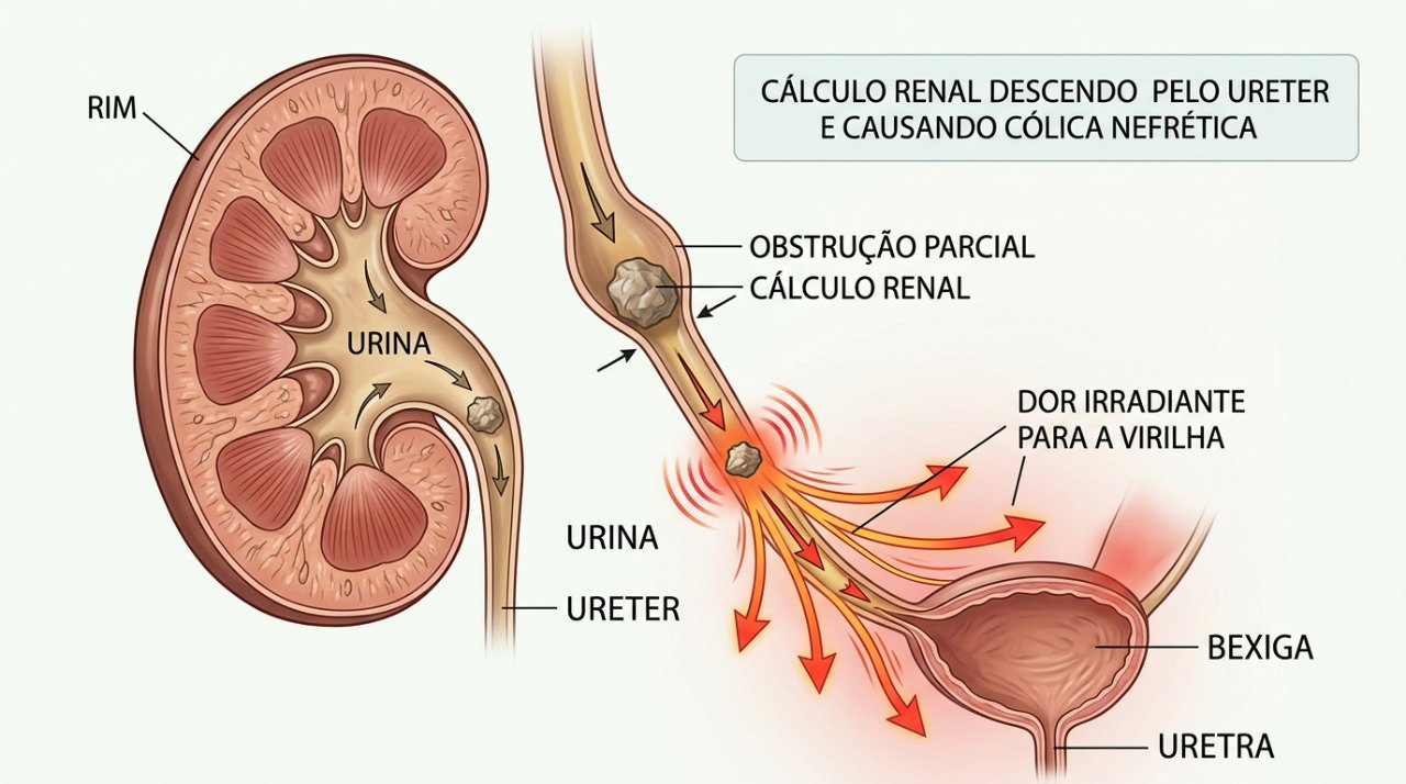 A pedra nos rins pode provocar cólica intensa ao se deslocar do rim para o ureter.