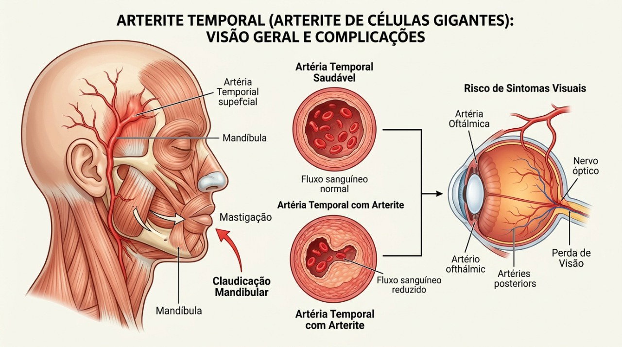Na arterite temporal, inflamação dos vasos pode causar dor na mandíbula, dor de cabeça e alterações visuais.