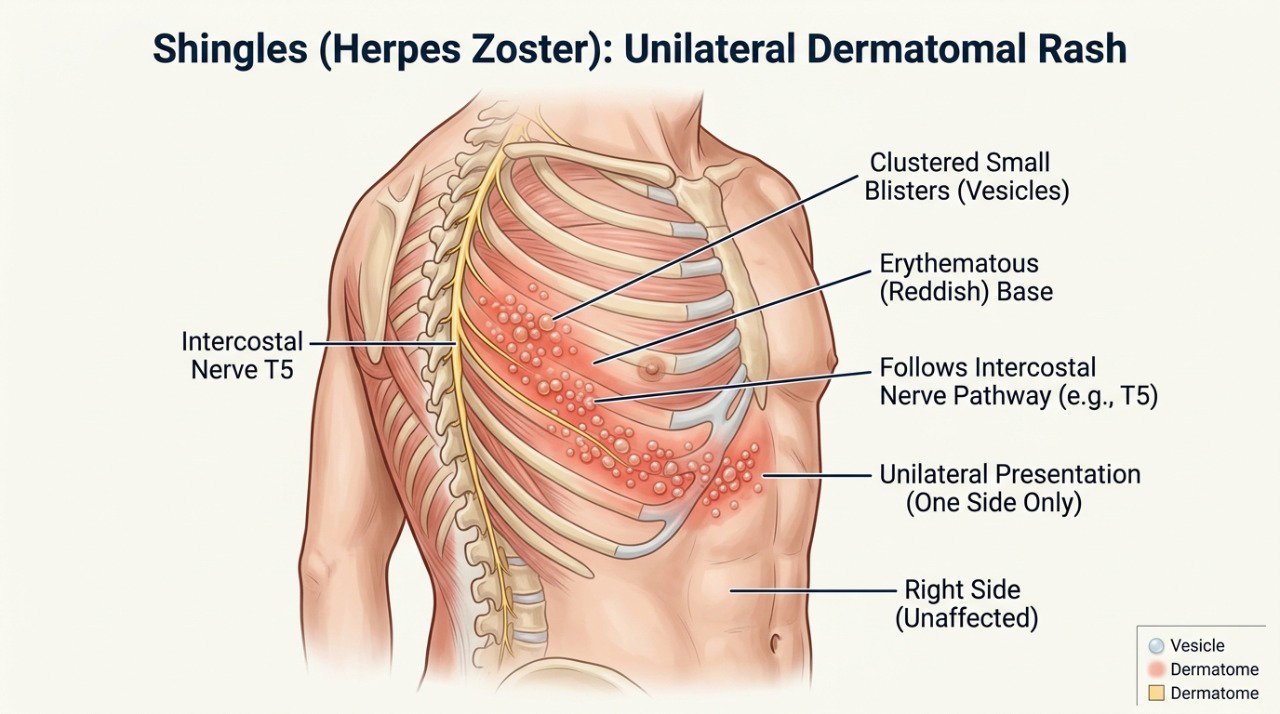 O cobreiro costuma formar bolhas agrupadas em uma faixa localizada de apenas um lado do corpo.