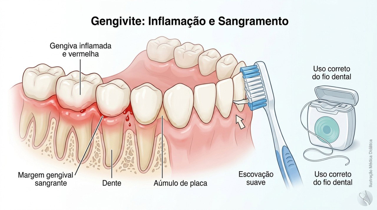 A inflamação da gengiva pode causar sangramento, inchaço e sensibilidade durante a higiene bucal.