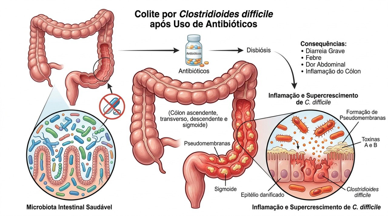 Antibióticos podem alterar a microbiota intestinal e favorecer diarreia, inclusive por C. difficile.