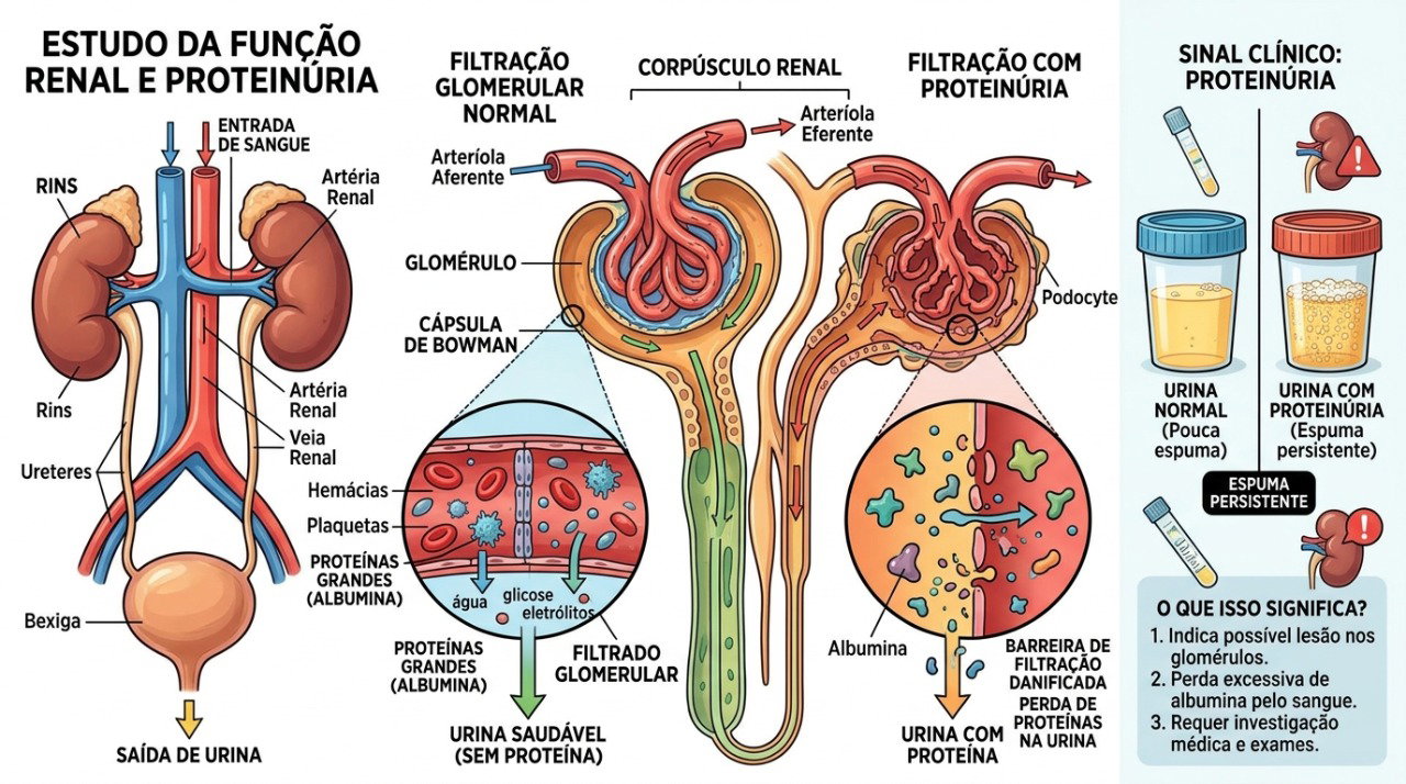 A presença aumentada de proteína na urina pode contribuir para espuma persistente e indicar necessidade de exames.
