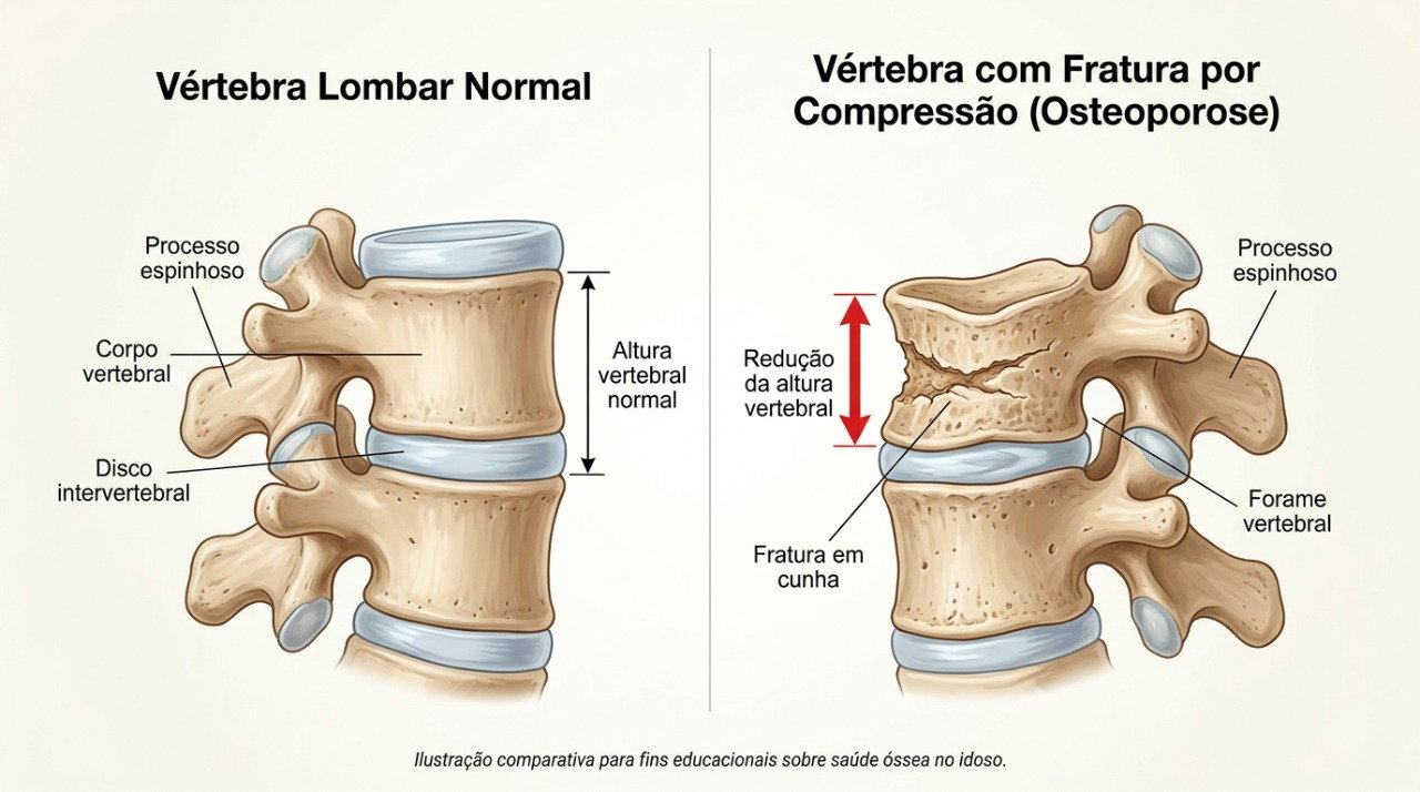 Fraturas por compressão nas vértebras podem contribuir para perda de altura e mudança na postura.