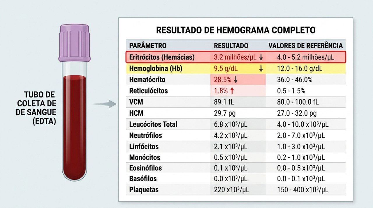 O hemograma ajuda a identificar alterações na hemoglobina e nos glóbulos vermelhos compatíveis com anemia.