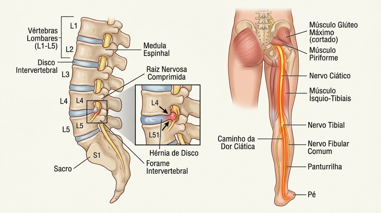 A dor ciática pode seguir o trajeto do nervo desde a região lombar até a perna e o pé.