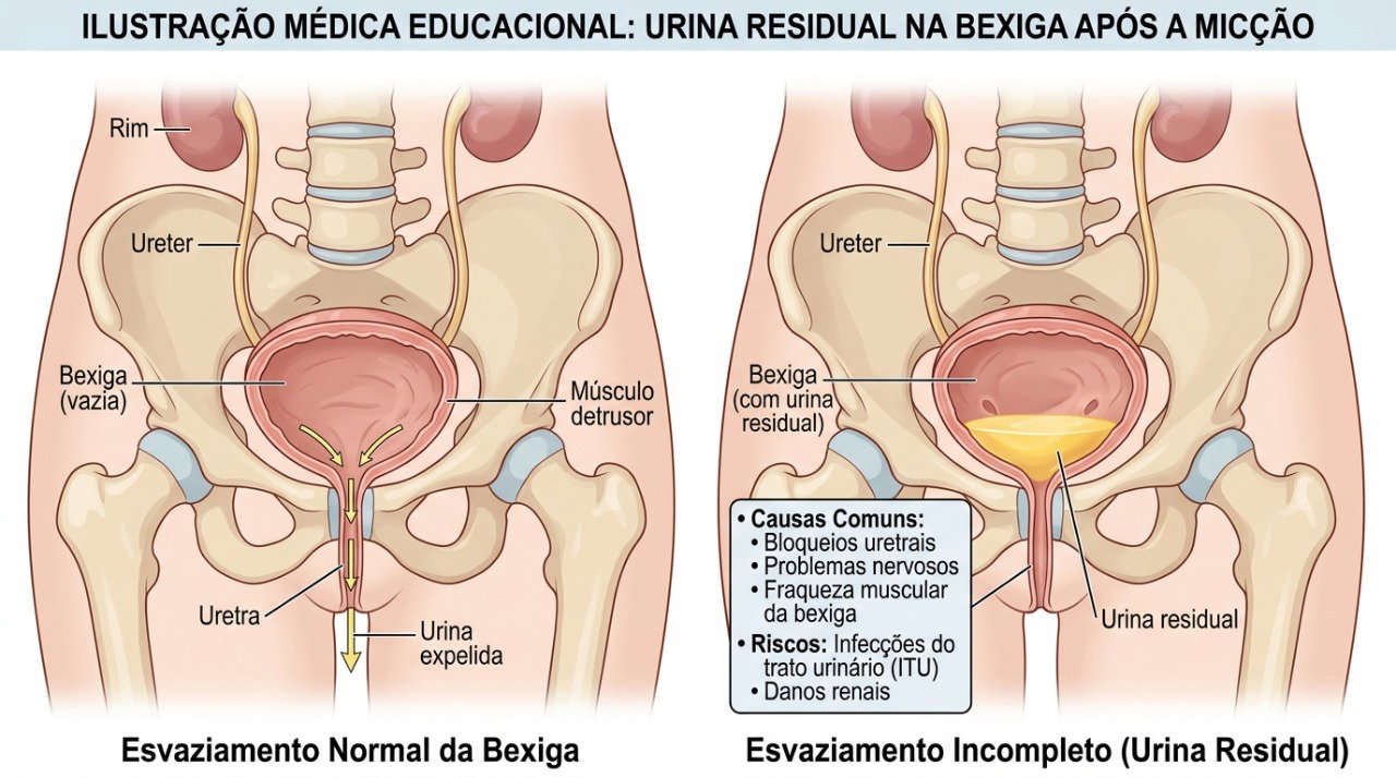 Na retenção urinária, parte da urina pode permanecer na bexiga mesmo depois de urinar.