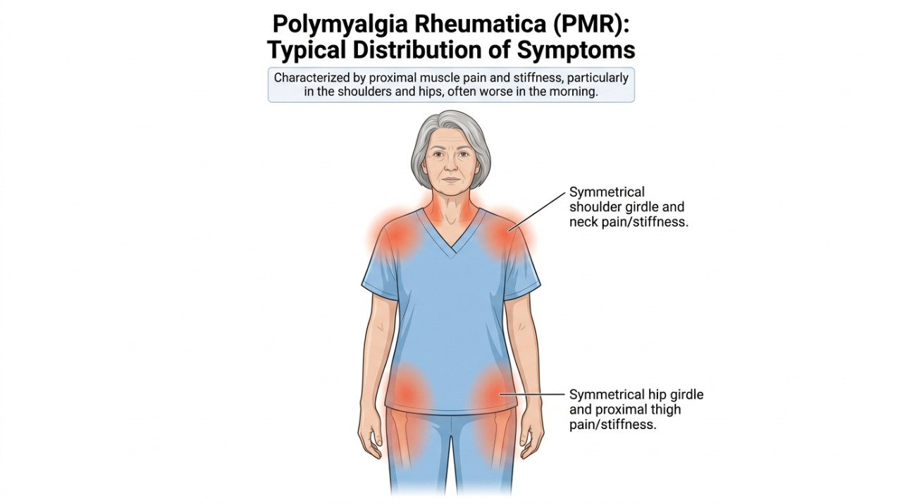 A polimialgia reumática costuma provocar dor e rigidez principalmente nos ombros, pescoço e quadris.