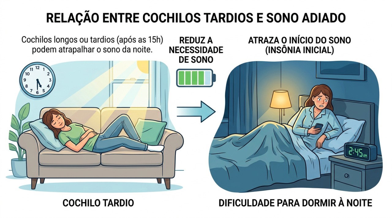 O horário do cochilo pode influenciar o tempo que a pessoa leva para pegar no sono à noite.