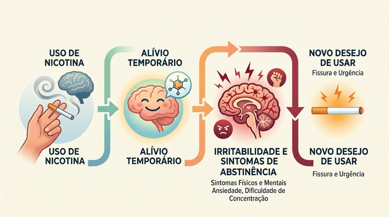 O uso repetido de nicotina pode criar um ciclo de tolerância, abstinência e desejo pela substância.