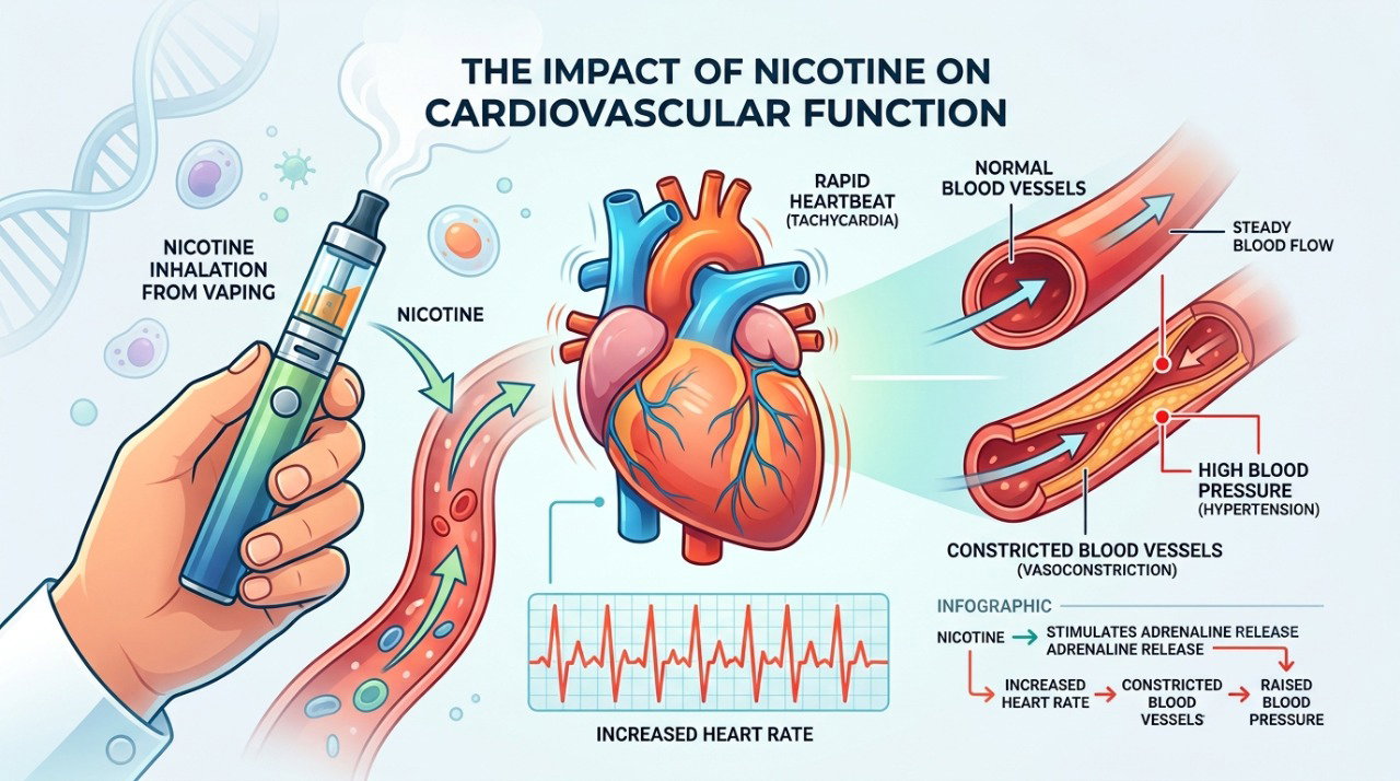 A nicotina do vape pode estimular o sistema cardiovascular e acelerar os batimentos.