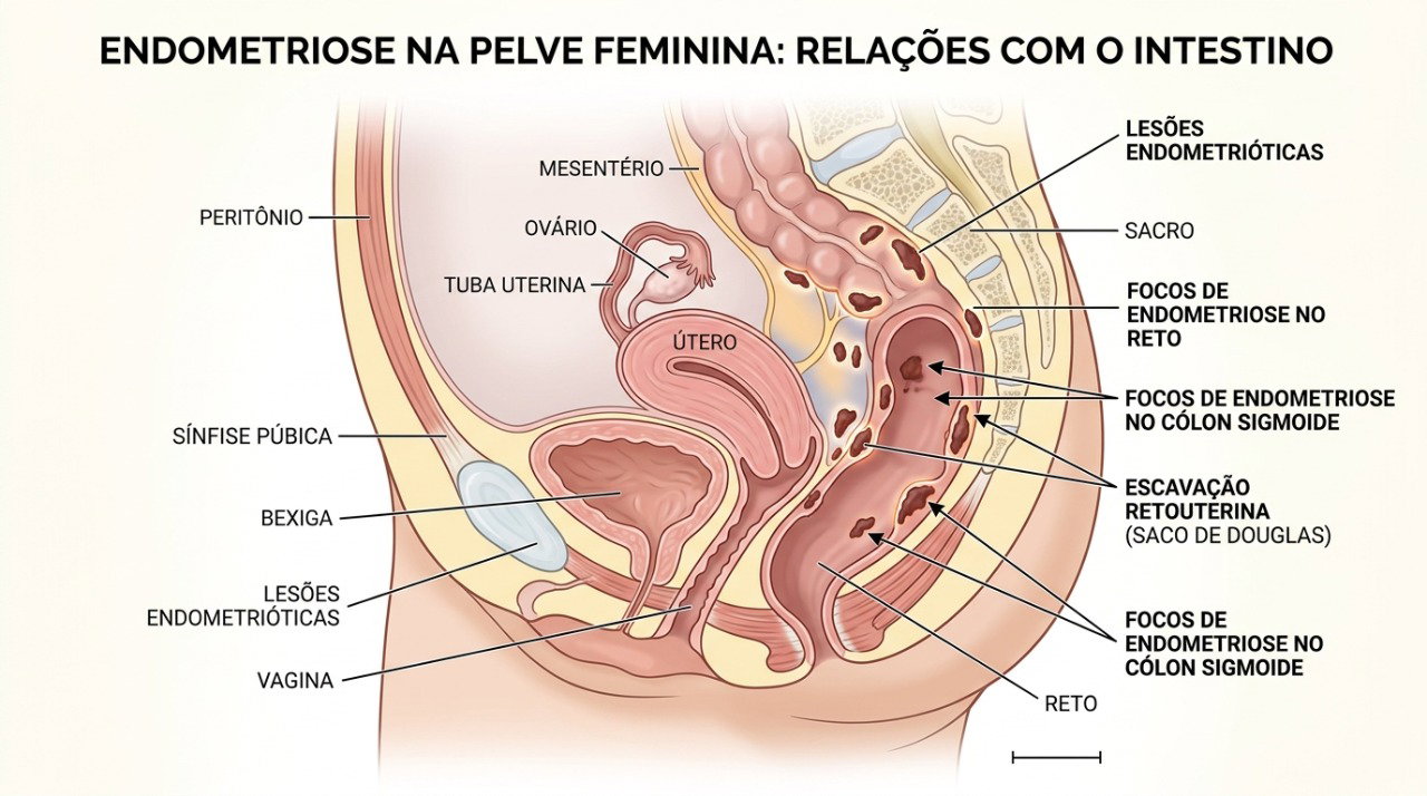 A endometriose pode atingir regiões próximas ao intestino e provocar dor para evacuar durante o ciclo menstrual.