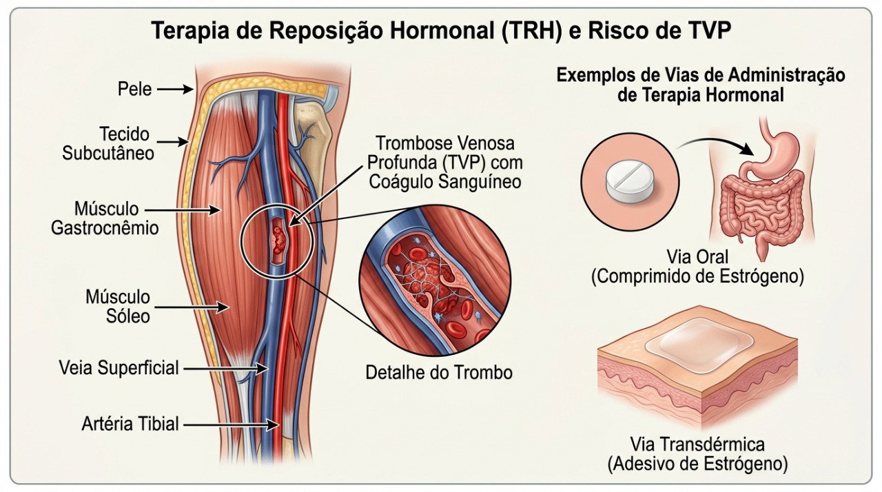 O risco de trombose pode variar conforme o tipo, a dose e a via usada na reposição hormonal.