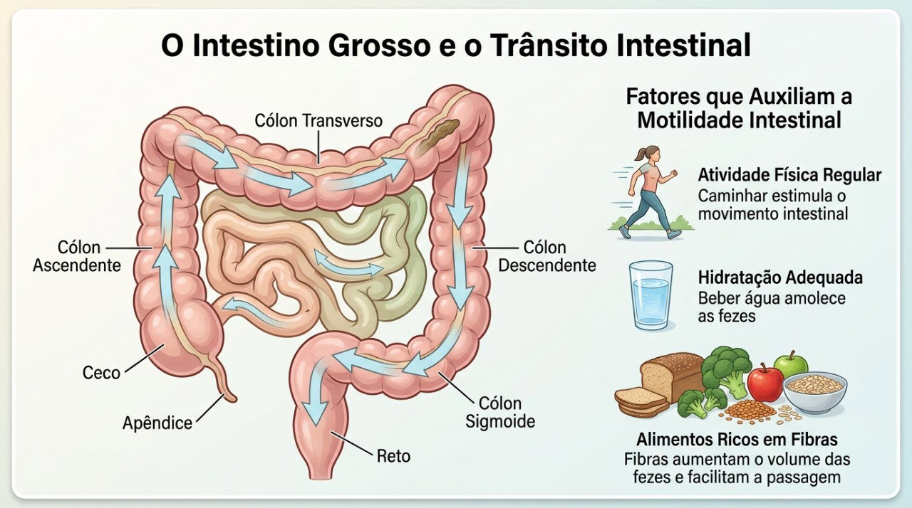 Movimento, fibras e hidratação podem atuar em conjunto para favorecer o funcionamento intestinal.
