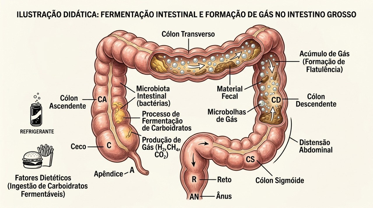Parte dos gases intestinais é produzida quando bactérias fermentam carboidratos não totalmente digeridos.
