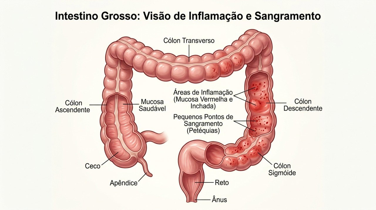 Na retocolite ulcerativa, a inflamação do cólon pode causar diarreia, sangue nas fezes e urgência para evacuar.