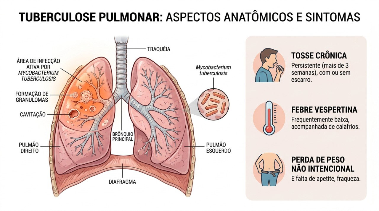 Tosse prolongada, suor noturno e emagrecimento podem aparecer juntos na tuberculose pulmonar.