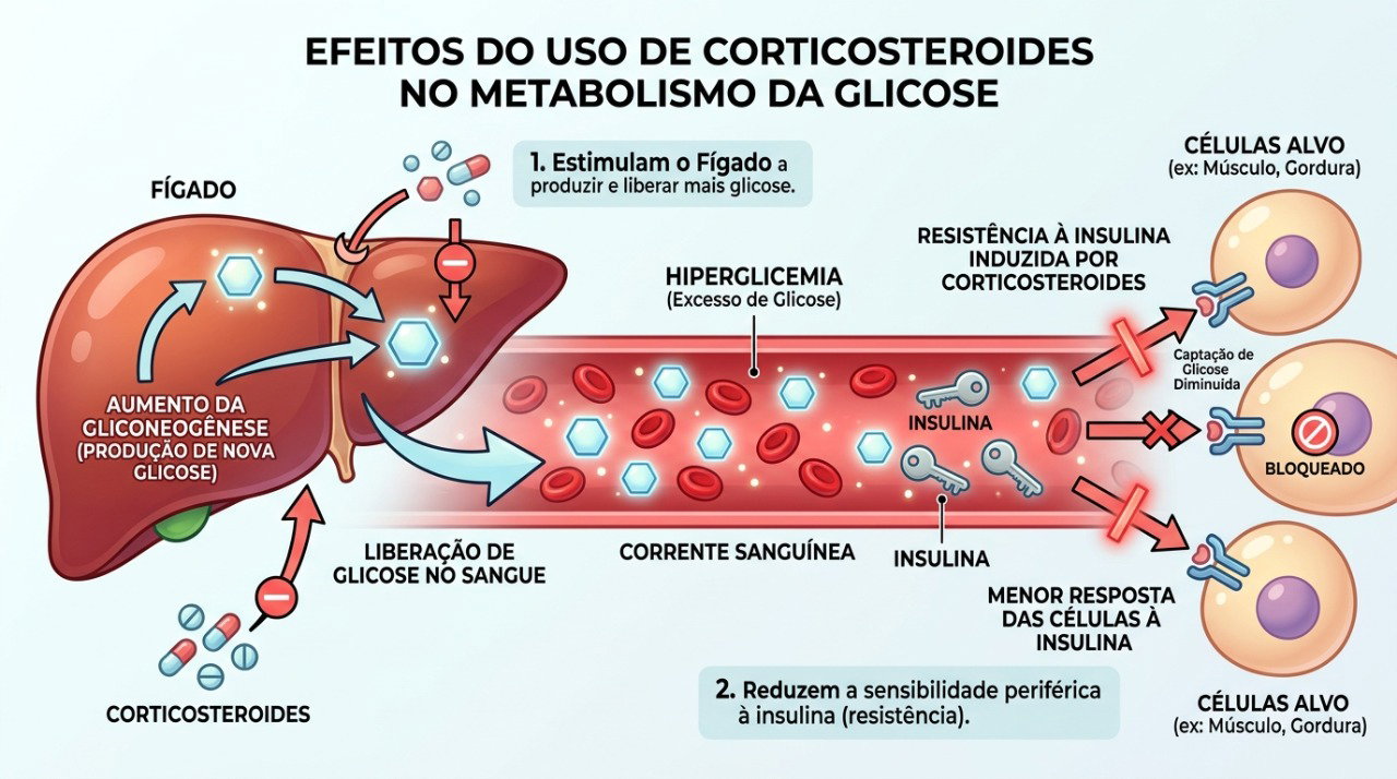 Corticoides podem aumentar a produção de glicose e reduzir a sensibilidade do organismo à insulina.