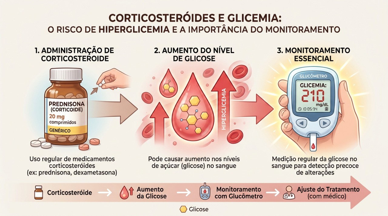 O corticoide pode aumentar a glicose no sangue e provocar sintomas como sede e vontade frequente de urinar.