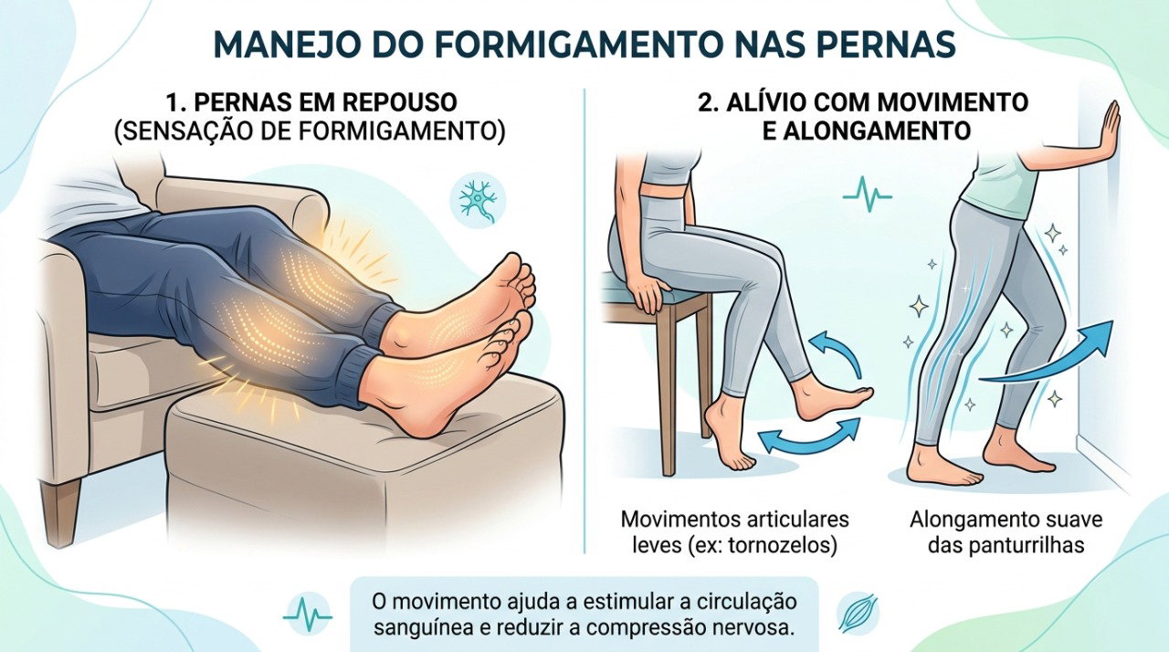 Na síndrome das pernas inquietas, o desconforto piora no repouso e melhora temporariamente com movimento.