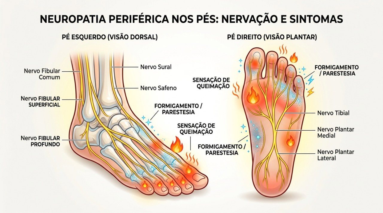 A neuropatia periférica pode causar ardor, formigamento, dormência e redução da sensibilidade nos pés.