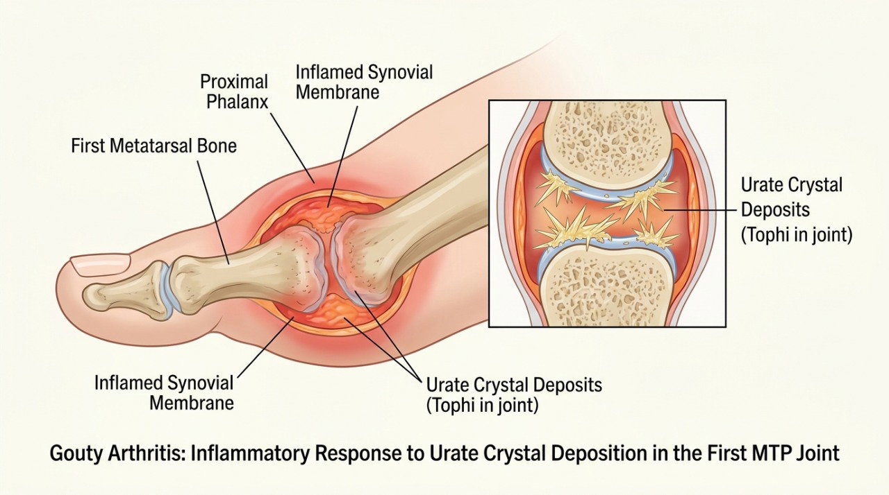 Na gota, cristais de urato podem desencadear inflamação intensa na articulação.