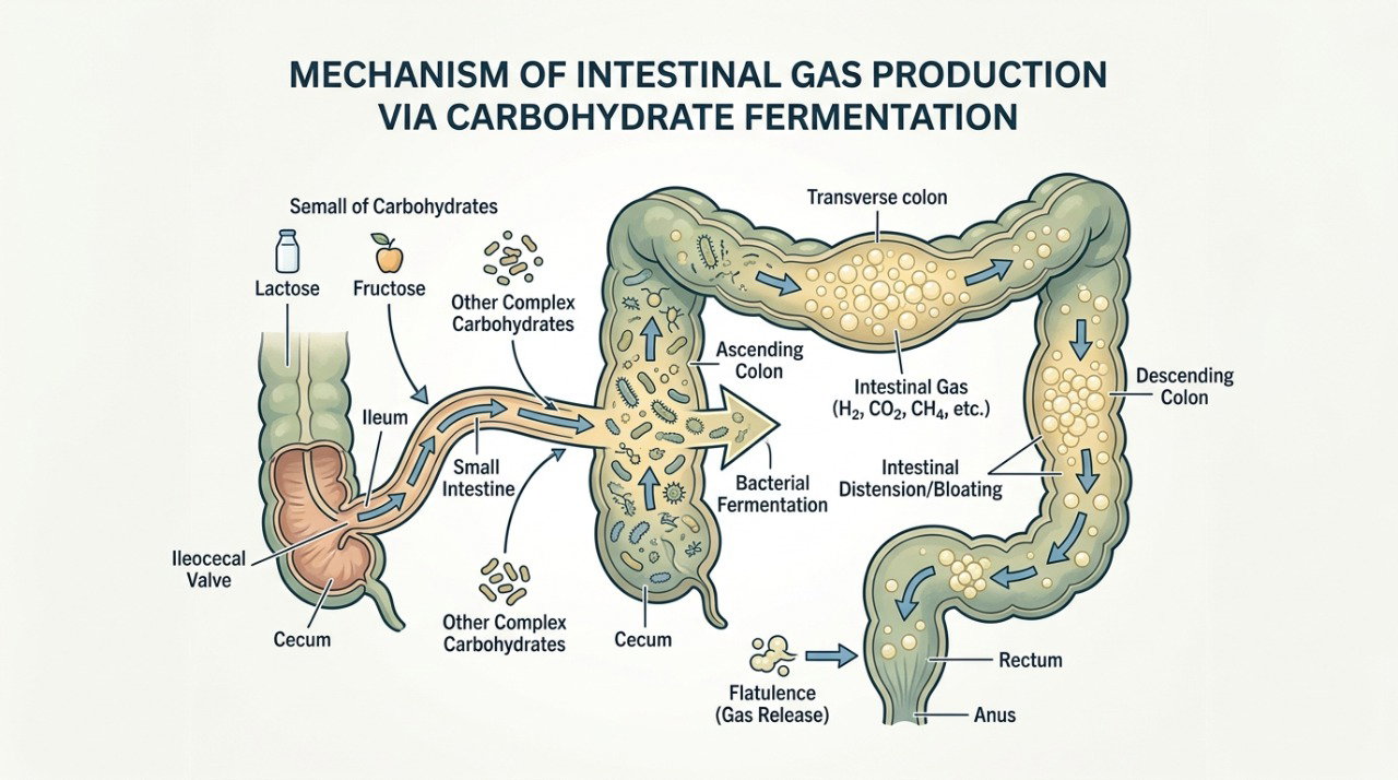 Alguns carboidratos podem ser fermentados no intestino e aumentar gases e distensão abdominal.