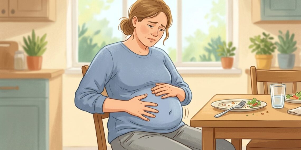 Barriga estufada após certos alimentos pode estar relacionada à fermentação de carboidratos no intestino.