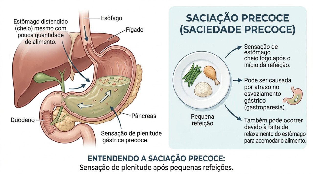 Saciedade precoce pode aparecer junto com estufamento, náusea e desconforto na parte alta da barriga.