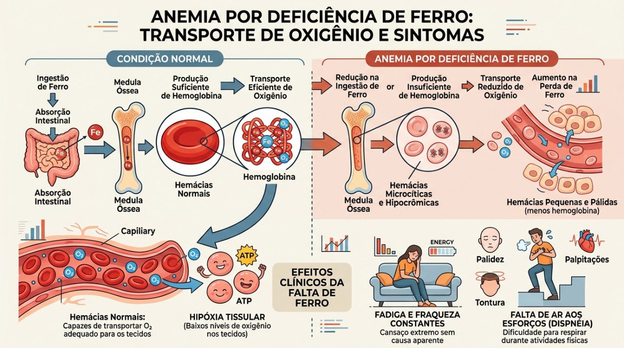 A falta de ferro pode reduzir o transporte de oxigênio e causar fadiga, palidez e falta de ar.