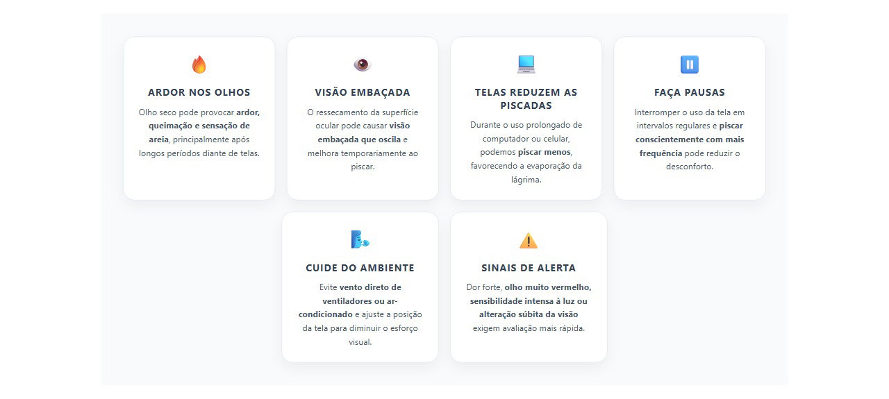 Olhos secos após horas na tela: sinais e cuidados que ajudam