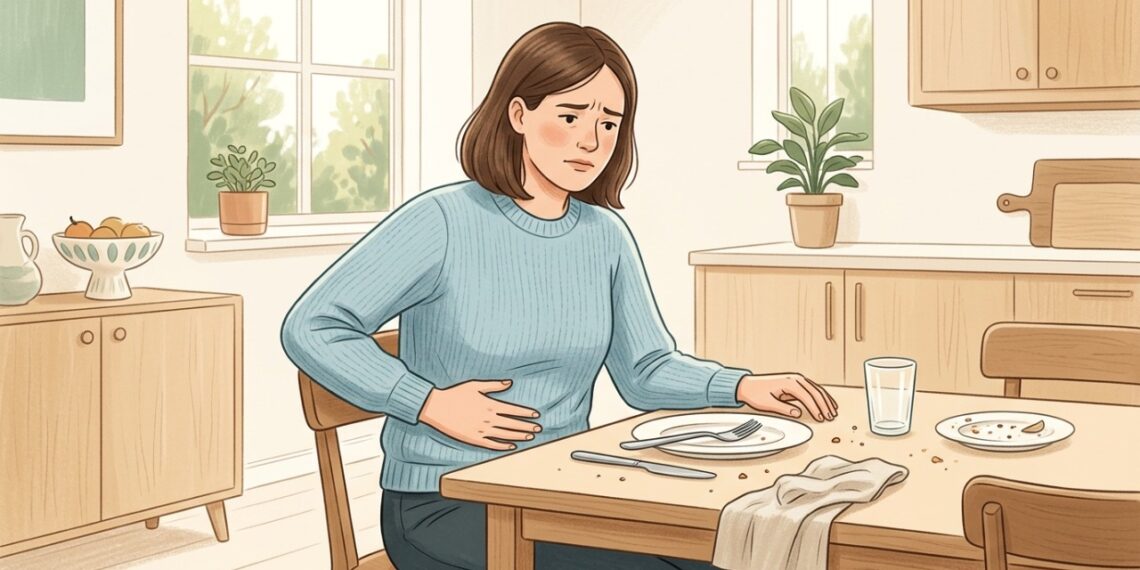 Dor no lado esquerdo da barriga após comer pode vir com inchaço e melhorar depois de evacuar ou eliminar gases.